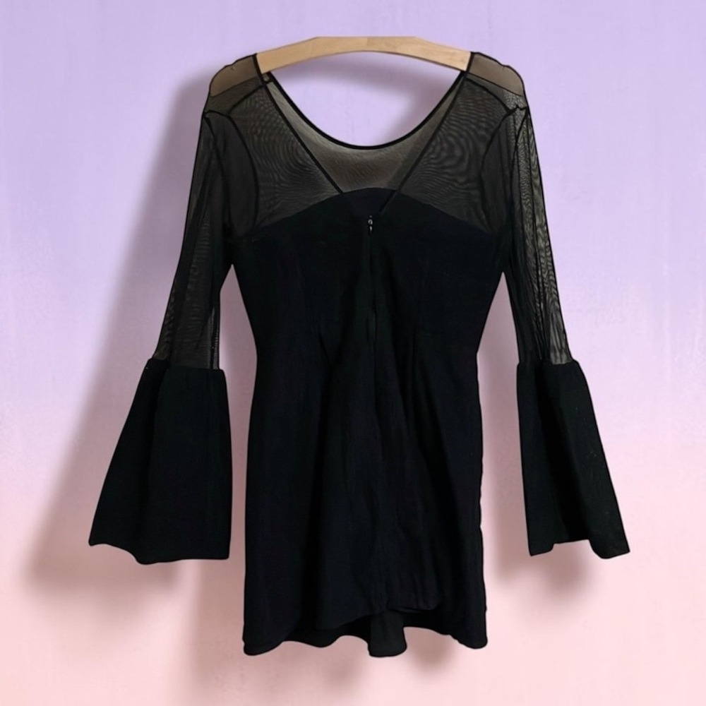 BCBGMAXAZRIA Black Mesh Eyelet Bell Sleeve Mini Dress Size 10